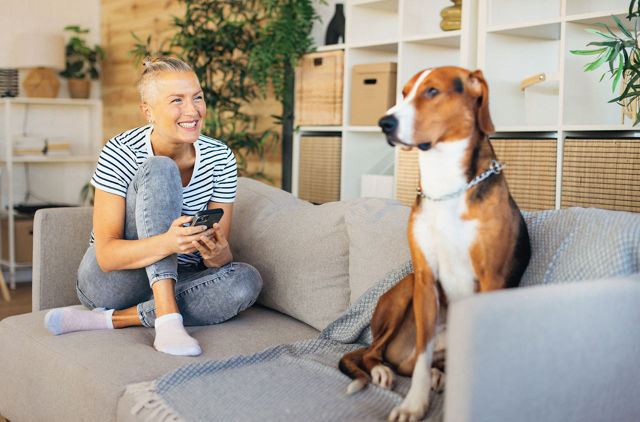 Female sitting on the couch looking up health insurance online