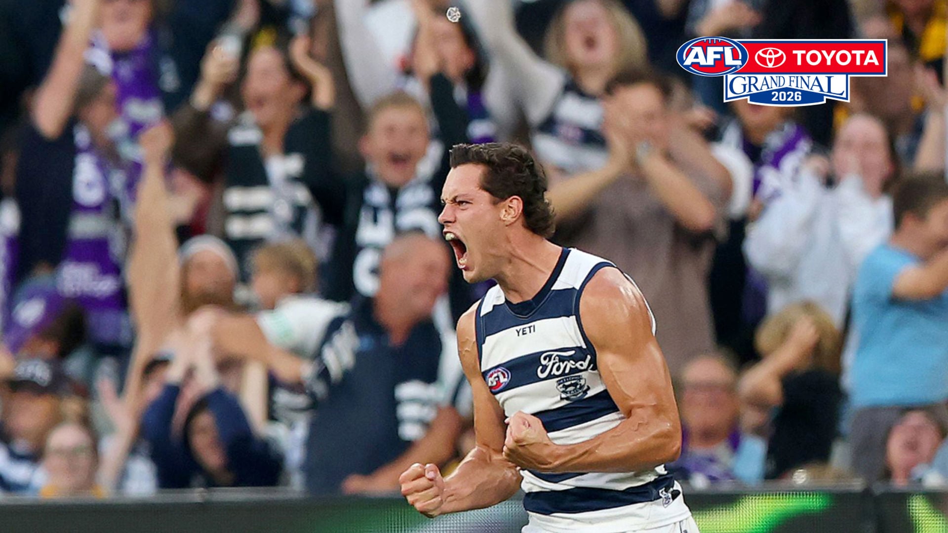 Shannon-Neale-Celebrates a goal for the Geelong Cats at GMHBA Stadium 2026